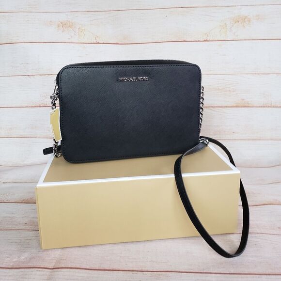 Michael Kors Jet Set Saffiano Leather Crossbody Silver Chain Hardware Gift Box - Picture 2 of 16